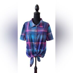 Vibrant Plaid Short Sleeve Button Down Shirt with Tie Front